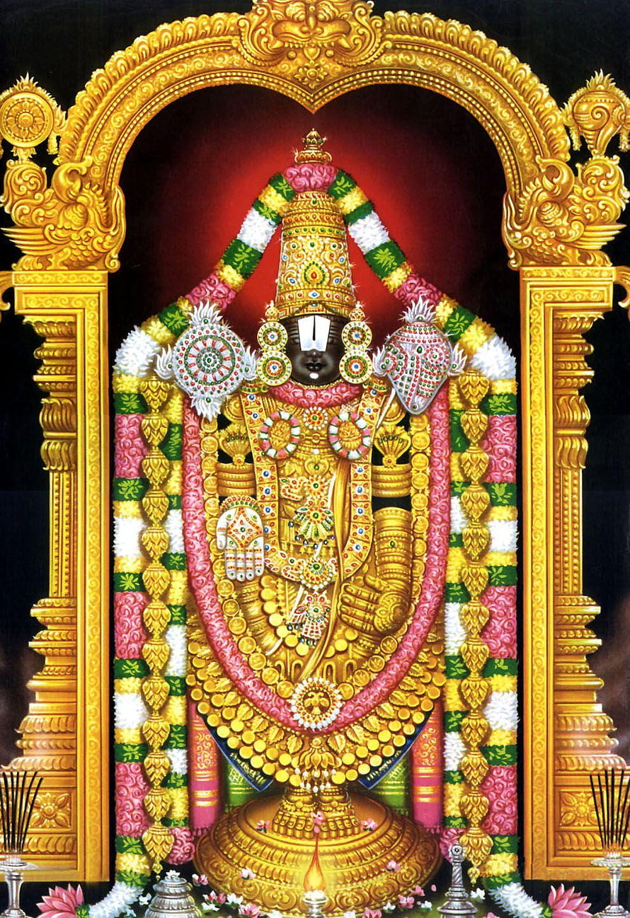 Lord Balaji Temple Deity Adorned in Gold Jewelry and Flower Garlands HD phone wallpaper