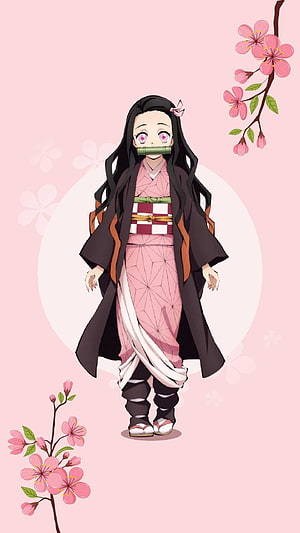 Nezuko Kamado in Pink Kimono with Cherry Blossoms and Bamboo Cuff HD phone wallpaper