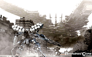 Armored Core V mecha combat in a ruined cityscape with massive floating fortress HD wallpaper