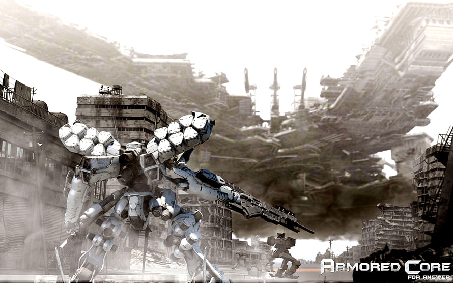 Armored Core V mecha combat in a ruined cityscape with massive floating fortress HD wallpaper