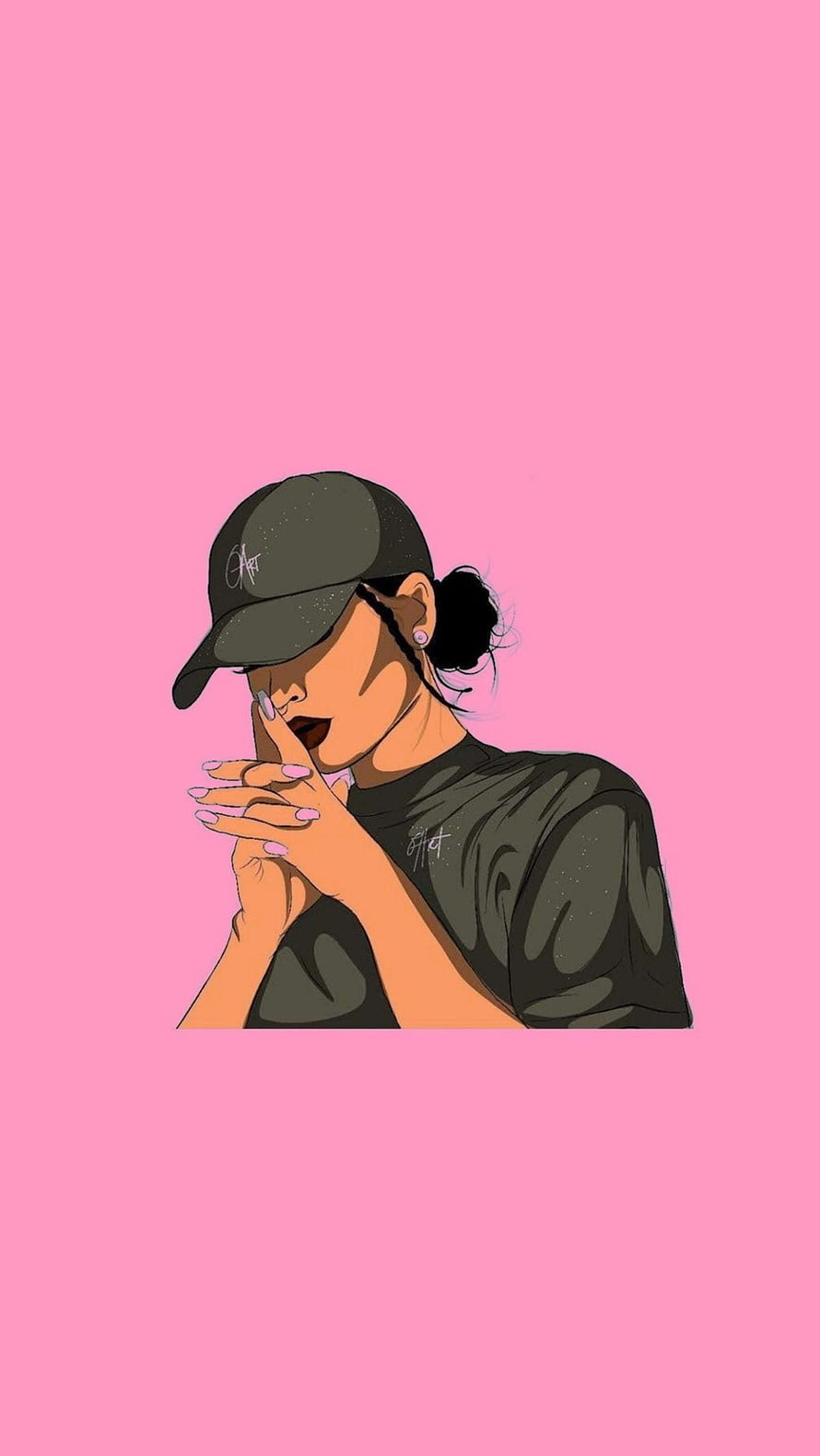 Digital illustration of a woman in a black cap and t-shirt with pink nails on a pink background HD phone wallpaper