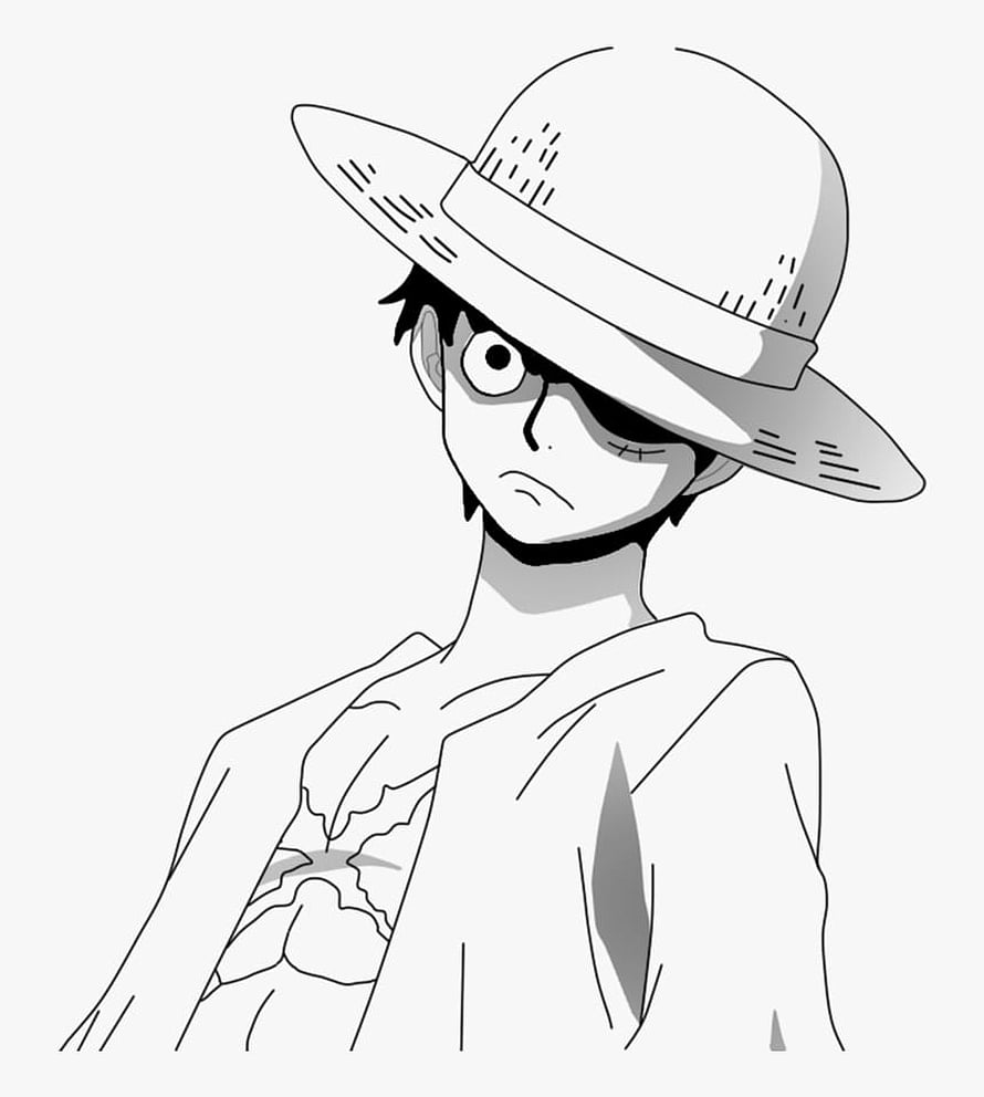 Monkey D Luffy in a Wide-Brimmed Hat with a Stern Expression in Black and White Anime Style HD phone wallpaper