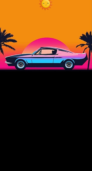 Retro Muscle Car Silhouette Against Vibrant Sunset with Palm Trees and Smiling Sun HD phone wallpaper