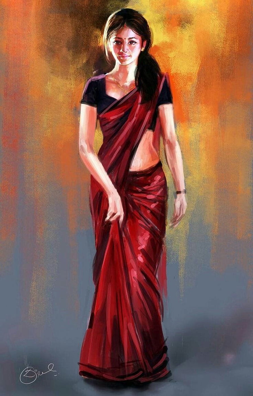 Digital Painting of an Indian Woman in a Red Saree with Warm Background HD phone wallpaper