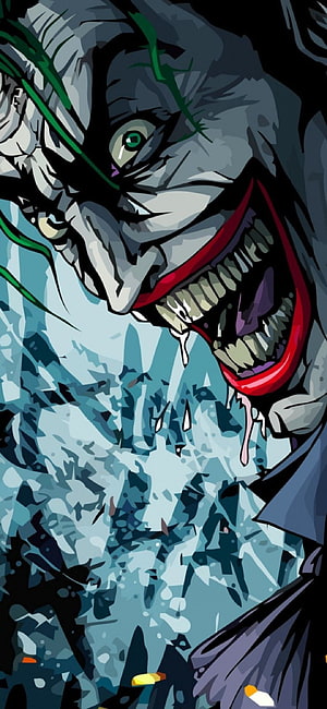 Joker Comic Art with Green Hair and Wide Grin Over Shattered Glass Background HD phone wallpaper