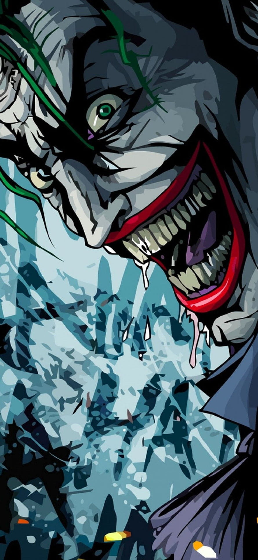 Joker Comic Art with Green Hair and Wide Grin Over Shattered Glass Background HD phone wallpaper