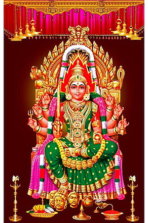 Sri Mariamman Goddess Seated on Golden Throne with Traditional Offerings and Decorative Elements HD phone wallpaper