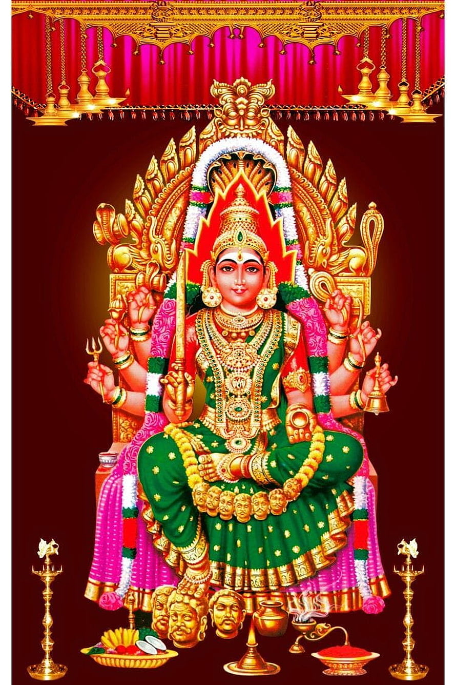 Sri Mariamman Goddess Seated on Golden Throne with Traditional Offerings and Decorative Elements HD phone wallpaper