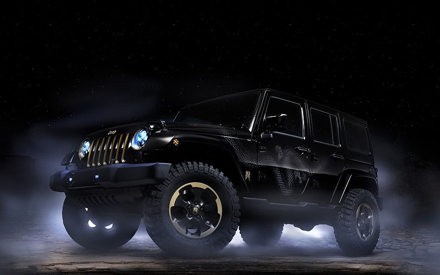 Black Jeep Wrangler with Gold Accents in Dramatic Night Fog HD wallpaper