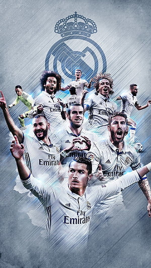 Real Madrid Squad Celebration Collage with Club Crest and White Home Kit HD phone wallpaper