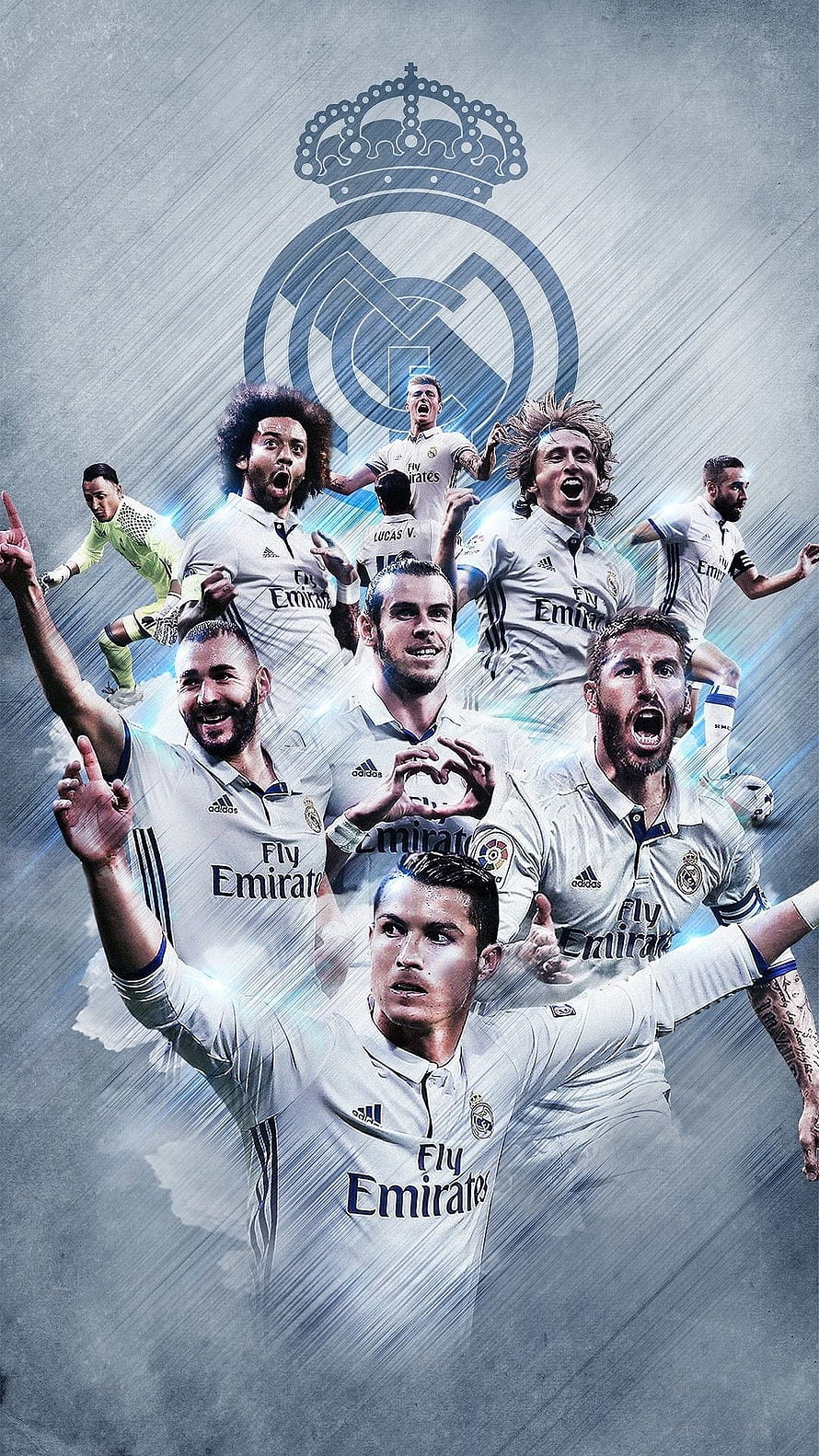 Real Madrid Squad Celebration Collage with Club Crest and White Home Kit HD phone wallpaper