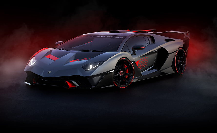 Lamborghini SC18 Alston Matte Grey Supercar with Red Accents in Dramatic Studio Lighting HD wallpaper