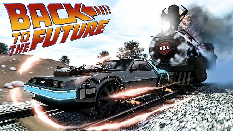 Back to the Future DeLorean Time Machine on Train Tracks with Steam Locomotive HD wallpaper