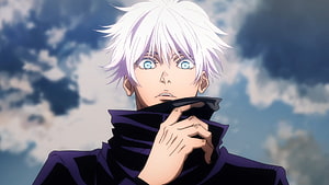 Satoru Gojo Anime Character Portrait With White Hair And Blue Eyes Against Cloudy Sky HD wallpaper