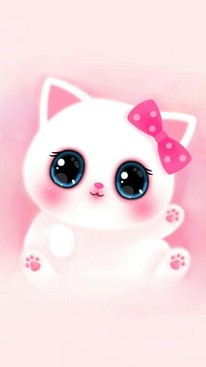 Adorable White Kitten with Blue Eyes and Pink Polka Dot Bow on Soft Pastel Background HD phone wallpaper