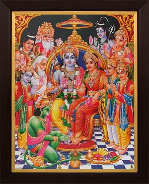 Ram Darbar Pichwai Painting with Sita, Hanuman, Shiva, and Ganesha in Traditional Indian Style HD phone wallpaper