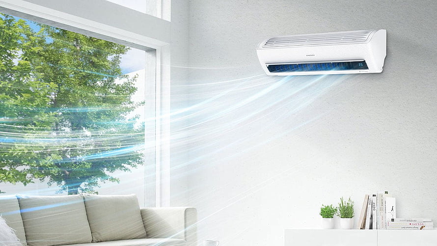Modern Wall-Mounted Air Conditioner in Bright Minimalist Living Room HD wallpaper