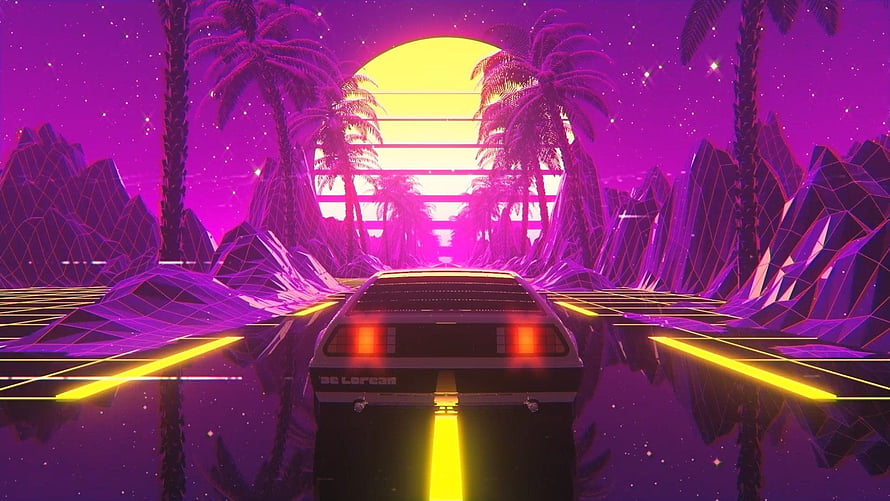 Retro Synthwave Delorean Driving Through Neon Palm Trees and Grid Landscape HD wallpaper