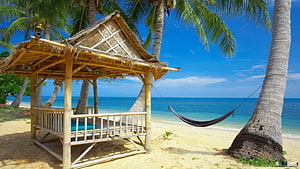 Tropical Beach Scene With Bamboo Gazebo, Hammock, and Palm Trees HD wallpaper