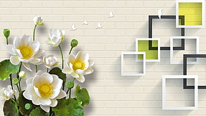White Lotus Flowers and Geometric Frames on a Cream Brick Wall HD wallpaper