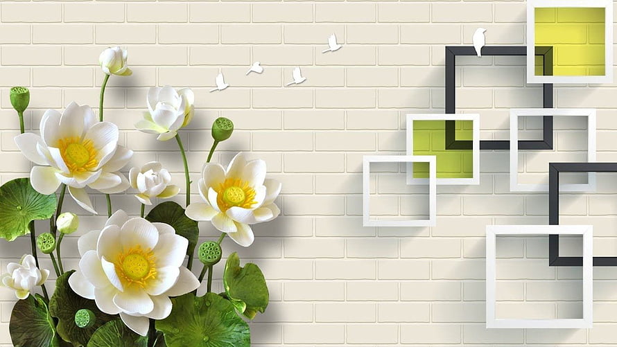 White Lotus Flowers and Geometric Frames on a Cream Brick Wall HD wallpaper