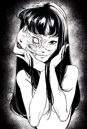 Tomie by Junji Ito: Black and White Horror Illustration of a Distorted Female Face HD phone wallpaper