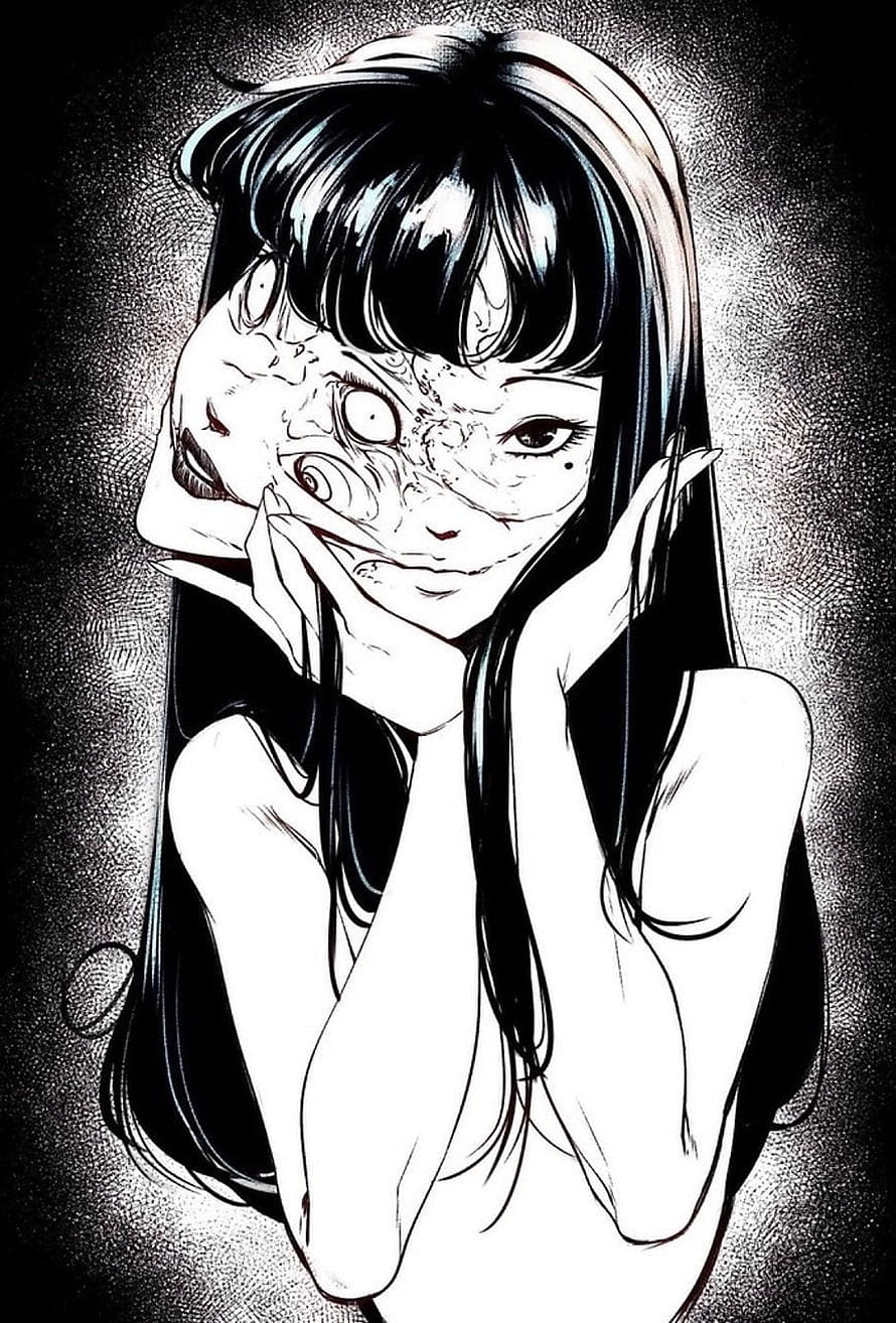 Tomie by Junji Ito: Black and White Horror Illustration of a Distorted Female Face HD phone wallpaper
