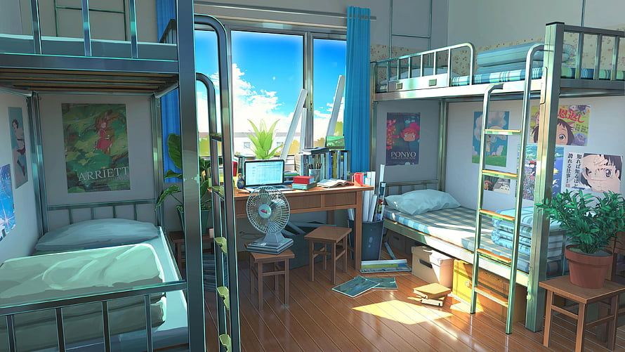 Sunlit Anime Dormitory Room With Bunk Beds, Desk, and Studio Ghibli Posters HD wallpaper
