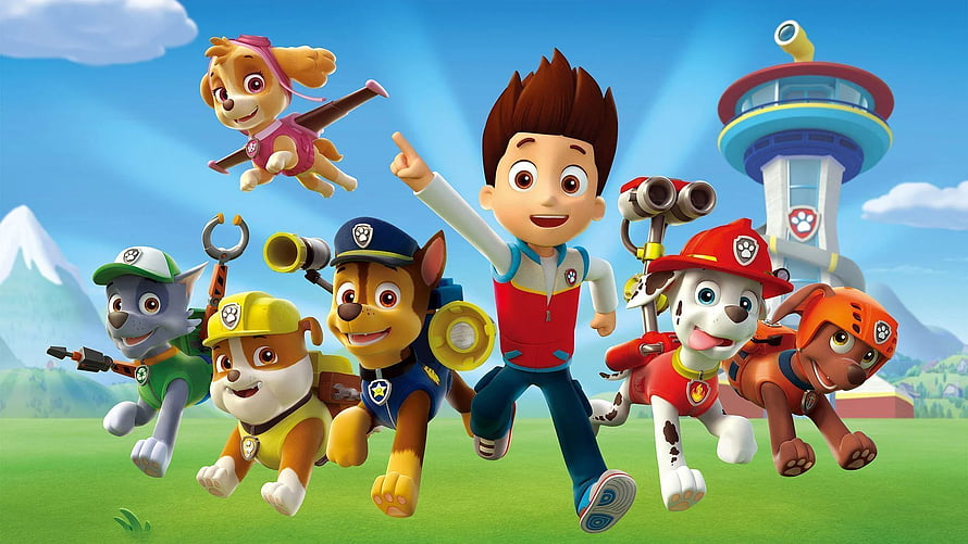Paw Patrol Team Running Through Meadow With Lookout Tower And Mountain Backdrop HD wallpaper