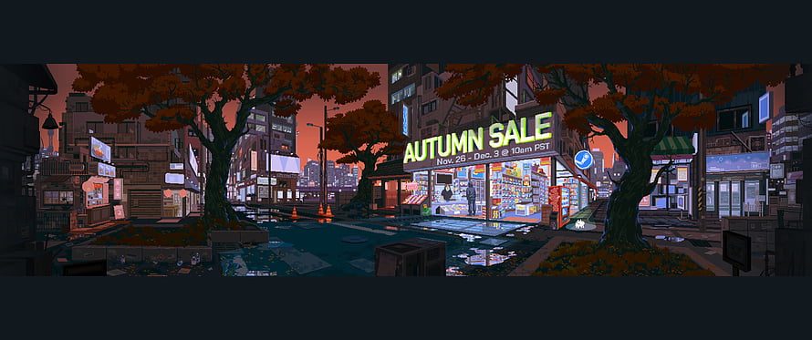 Illustrated Urban Street Scene Featuring a Glowing Autumn Sale Storefront at Dusk HD wallpaper