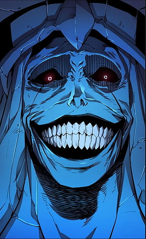 Solo Leveling Blue Demon Face with Glowing Red Eyes and Wide Grin HD phone wallpaper