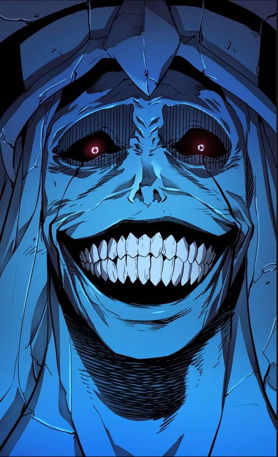 Solo Leveling Blue Demon Face with Glowing Red Eyes and Wide Grin HD phone wallpaper