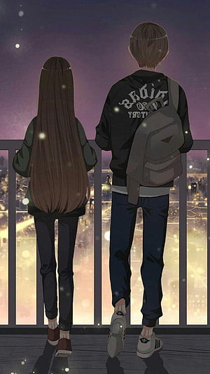 Anime Couple Standing on Balcony at Night with City Lights and Snowfall HD phone wallpaper