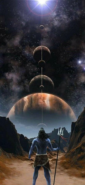 Lord Shiva Standing in a Canyon Gazing at a Cosmic Alignment of Planets and a Bright Star HD phone wallpaper