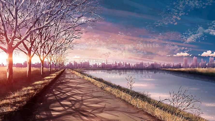 Anime Landscape: Pathway Along a Lake with City Skyline at Sunset HD wallpaper