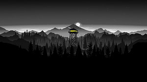 Firewatch Watchtower Silhouette in Moonlit Pine Forest Landscape HD wallpaper