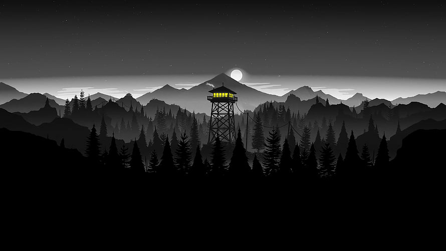 Firewatch Watchtower Silhouette in Moonlit Pine Forest Landscape HD wallpaper