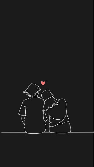 Minimalist Line Art of a Couple Sitting Together with a Small Red Heart on a Black Background HD phone wallpaper