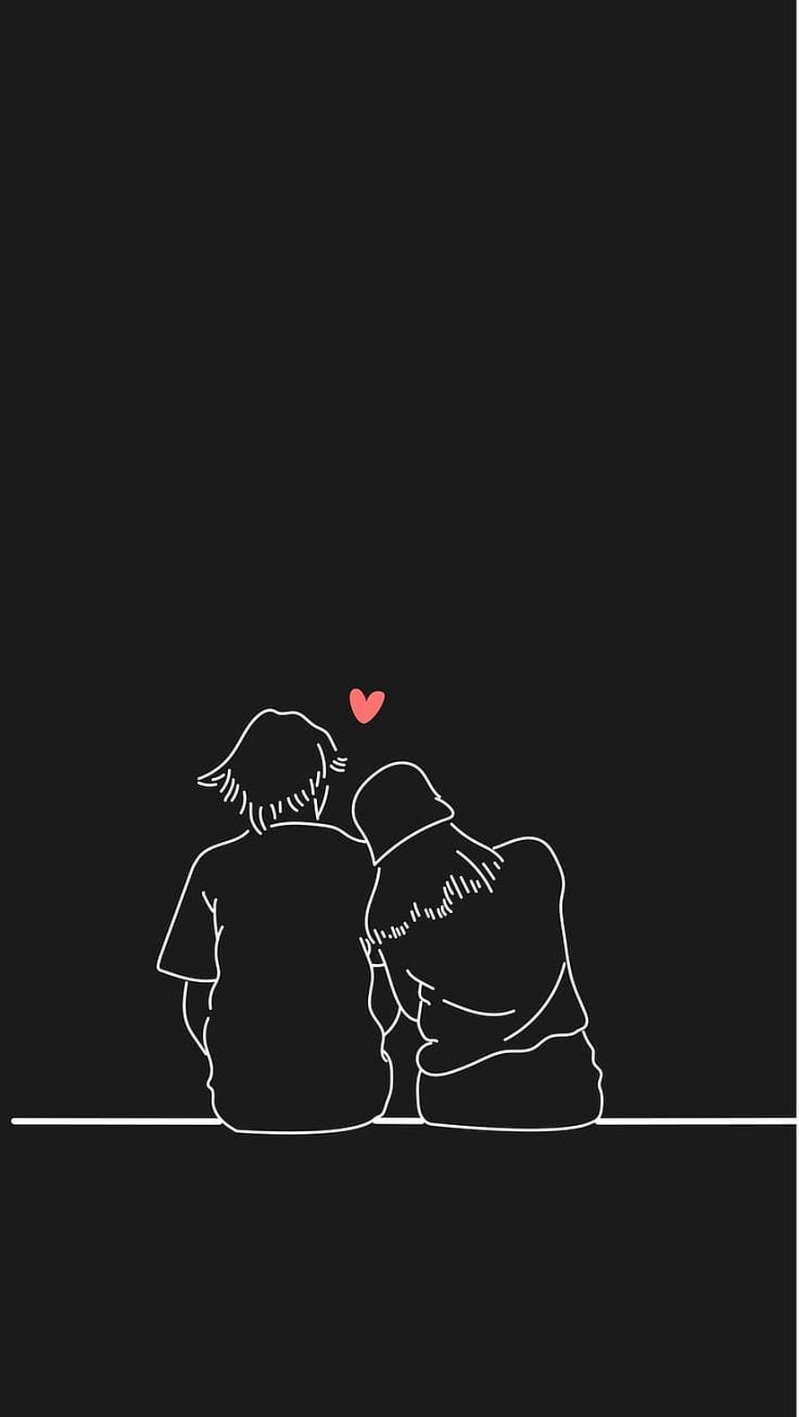 Minimalist Line Art of a Couple Sitting Together with a Small Red Heart on a Black Background HD phone wallpaper