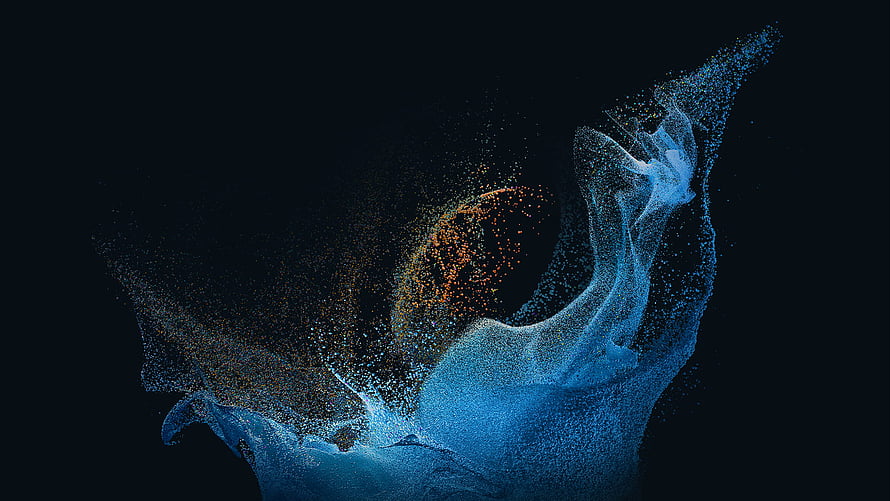 Samsung Galaxy Book 2 Pro Abstract Particle Art with Blue and Orange Digital Swirls on Black Background HD wallpaper