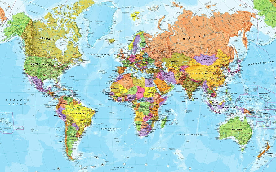 Detailed Political World Map with Colorful Country Borders and Ocean Labels HD wallpaper