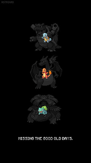 Pixel Art Pokémon Starters Squirtle Charmander Bulbasaur with Legendary Silhouettes HD phone wallpaper