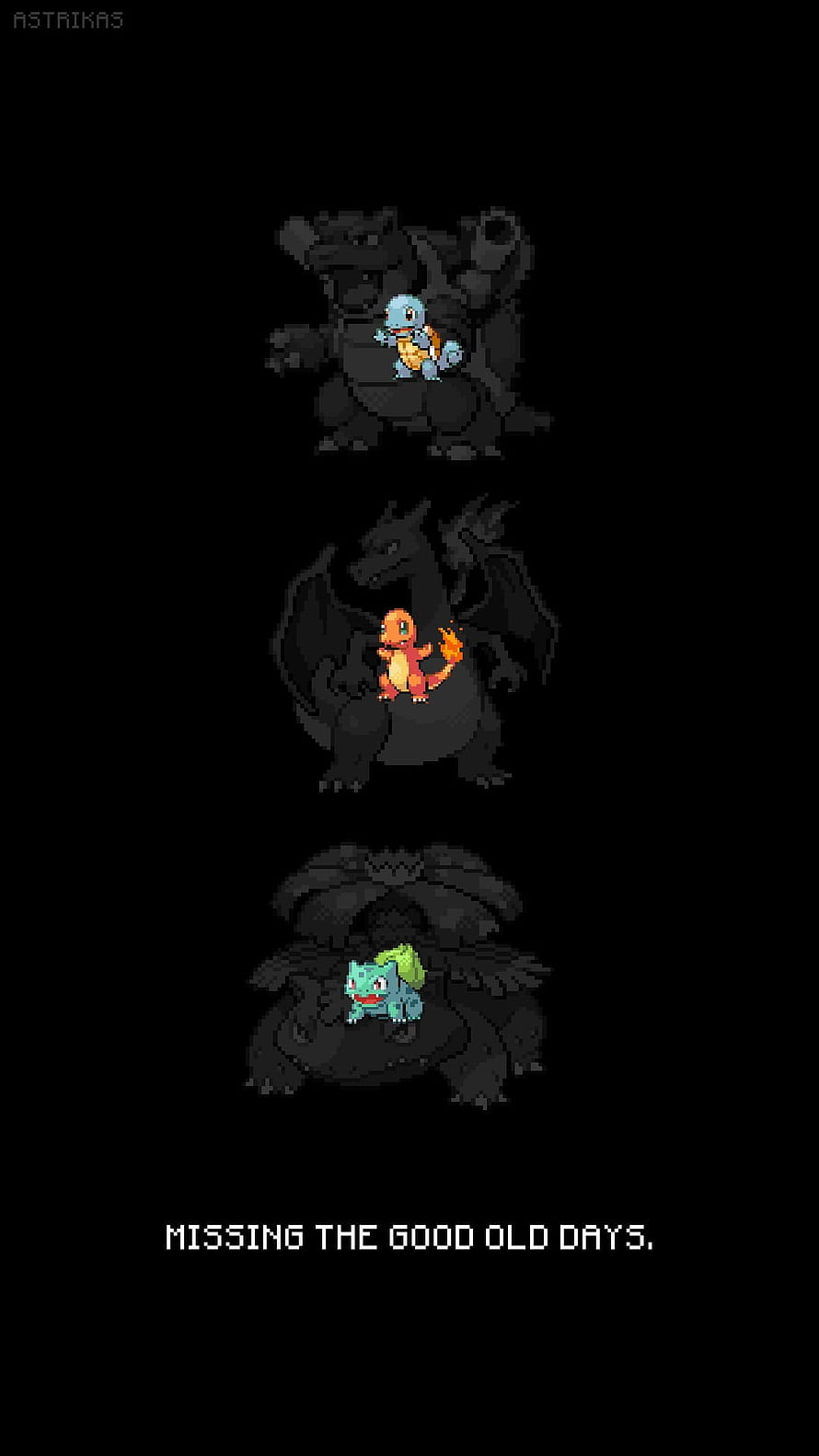 Pixel Art Pokémon Starters Squirtle Charmander Bulbasaur with Legendary Silhouettes HD phone wallpaper