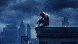 Spider-Man Sitting on Rooftop in Rain Over City Skyline, Spiderman No Way Home, spider man for laptop HD wallpaper
