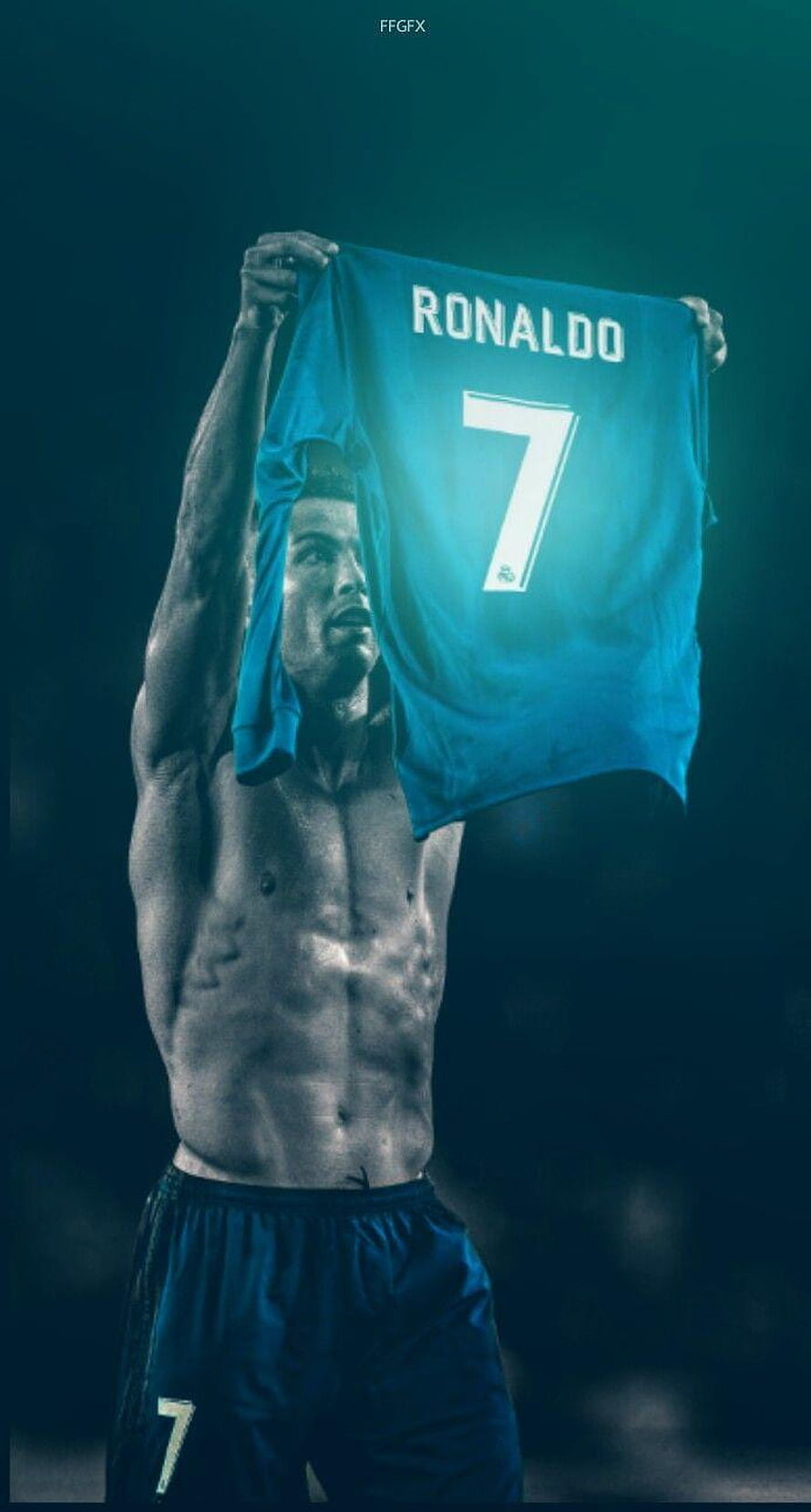 Cristiano Ronaldo holding up his number seven jersey in a dramatic teal-toned portrait HD phone wallpaper