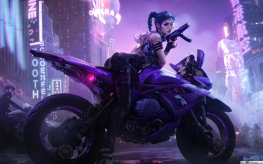 Cyberpunk Biker Girl with Futuristic Motorcycle in Neon City HD wallpaper