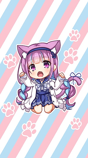 Minato Aqua Chibi Anime Girl in Sailor Uniform with Cat Ears and Pastel Striped Background HD phone wallpaper