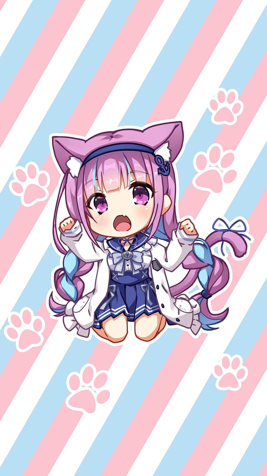 Minato Aqua Chibi Anime Girl in Sailor Uniform with Cat Ears and Pastel Striped Background HD phone wallpaper