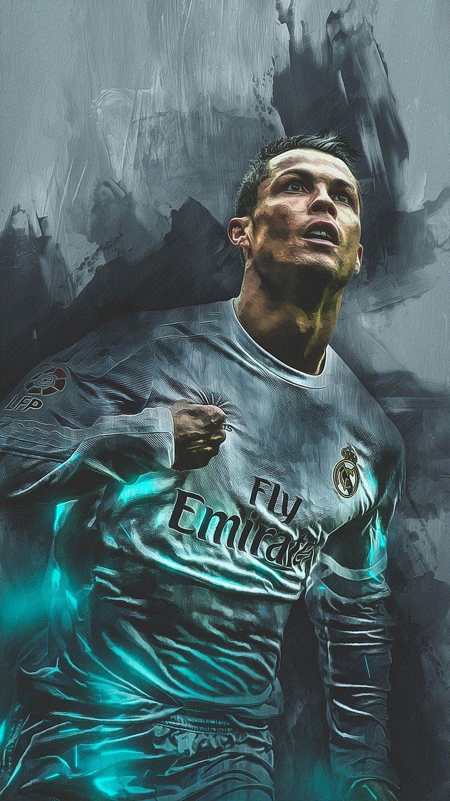 Cristiano Ronaldo Real Madrid Digital Art Portrait with Cyan Glow HD phone wallpaper