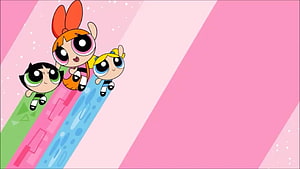 The Powerpuff Girls Flying Together on Colorful Trails Against a Pink Background HD wallpaper